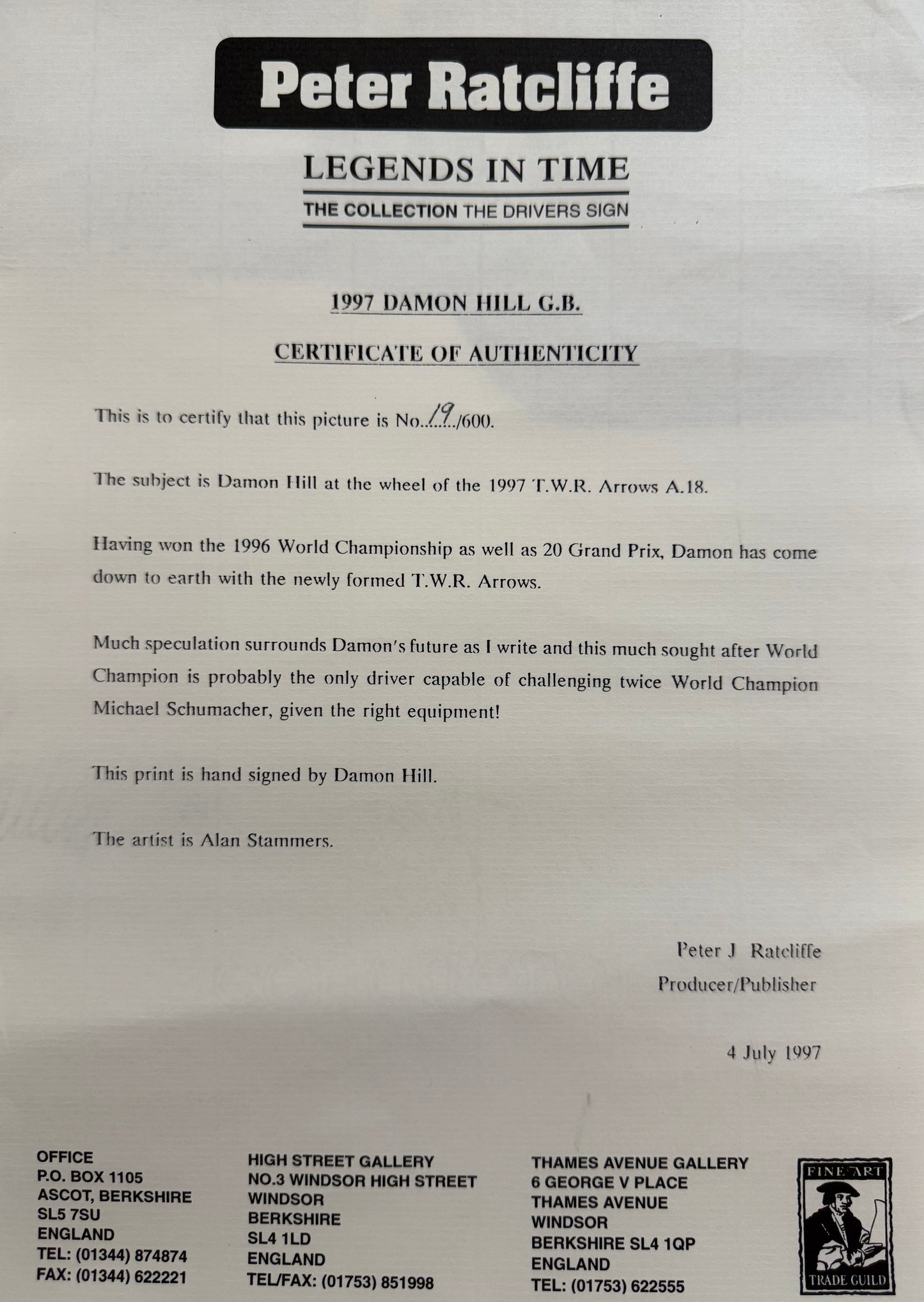 Damon Hill, Hand Signed Limited Edition Alan Stammers Drawing, And COA