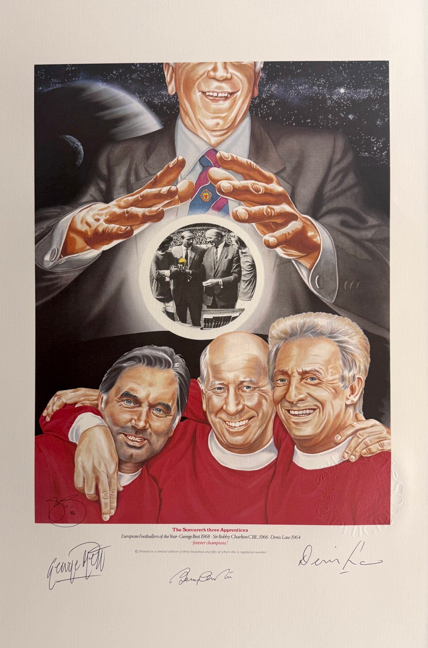 George Best, Denis Law, Bobby Charlton, Manchester United Legends, Stunning Hand Signed Print & COA