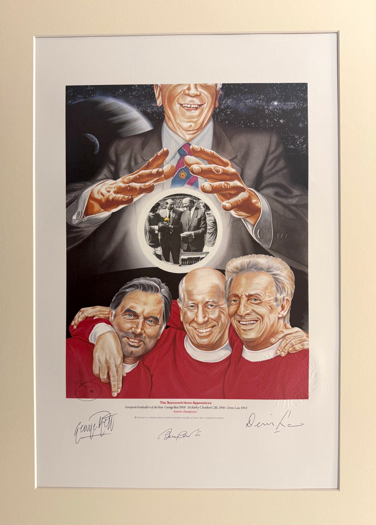 George Best, Denis Law, Bobby Charlton, Manchester United Legends, Stunning Hand Signed Print & COA