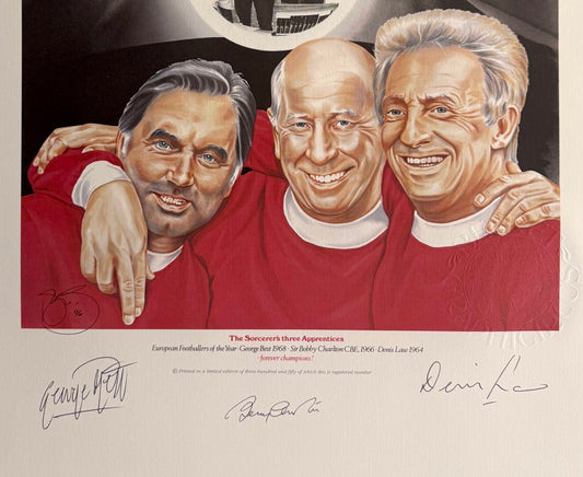 George Best, Denis Law, Bobby Charlton, Manchester United Legends, Stunning Hand Signed Print & COA