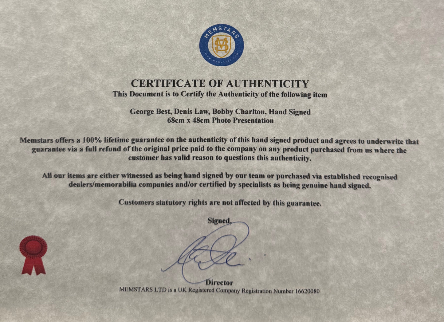 George Best, Denis Law, Bobby Charlton, Manchester United Legends, Stunning Hand Signed Print & COA