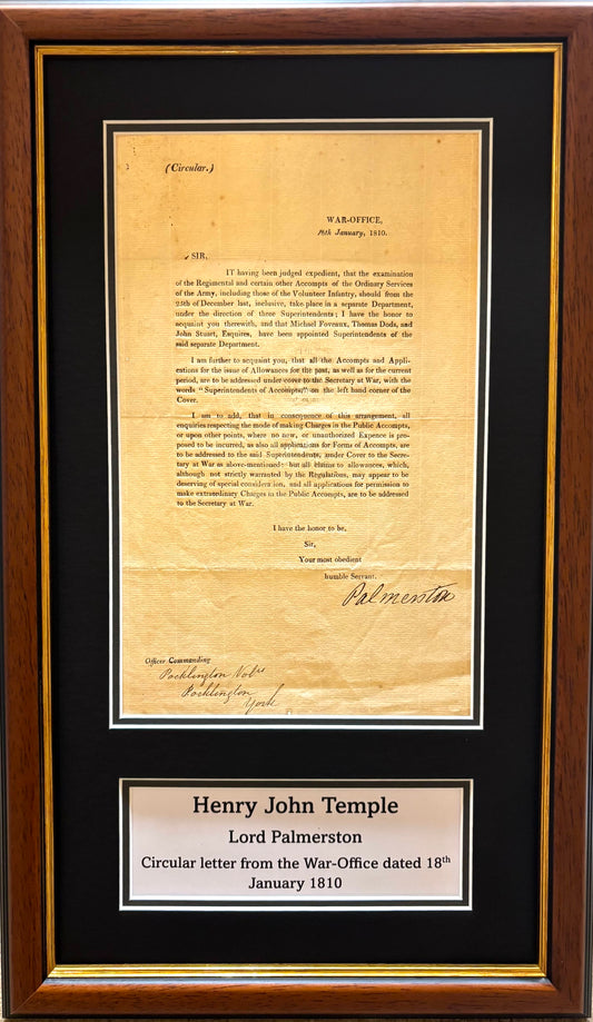 Lord Palmerston, Former British Prime Minister, Hand Signed War Office Letter Presentation & COA