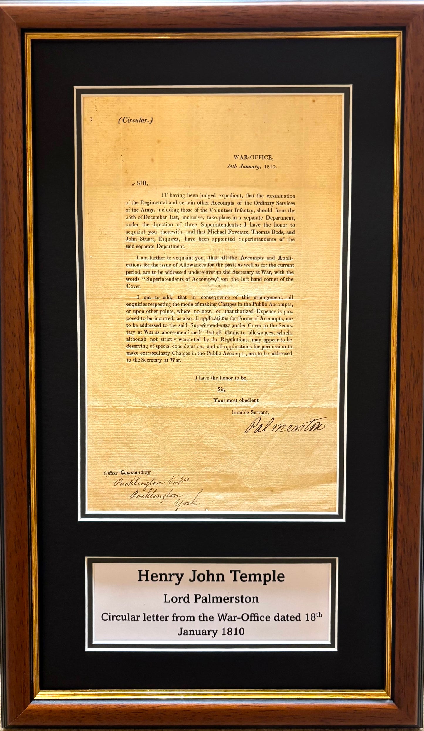 Lord Palmerston, Former British Prime Minister, Hand Signed War Office Letter Presentation & COA