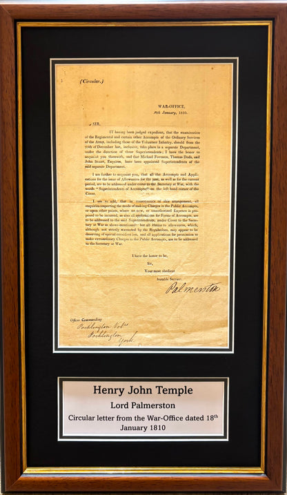 Lord Palmerston, Former British Prime Minister, Hand Signed War Office Letter Presentation & COA