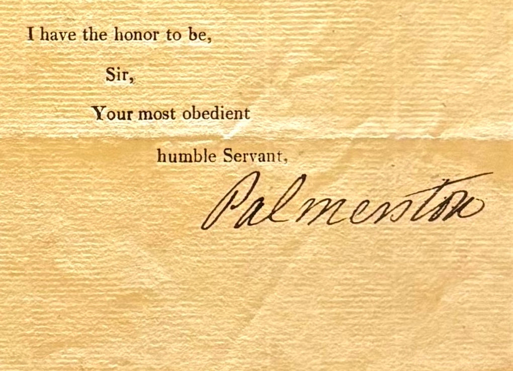 Lord Palmerston, Former British Prime Minister, Hand Signed War Office Letter Presentation & COA