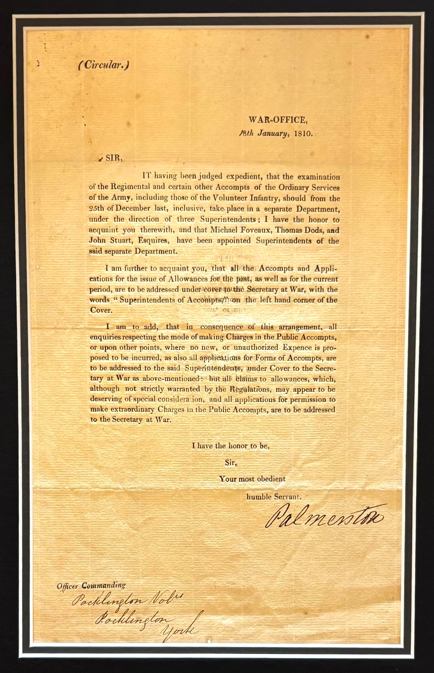 Lord Palmerston, Former British Prime Minister, Hand Signed War Office Letter Presentation & COA