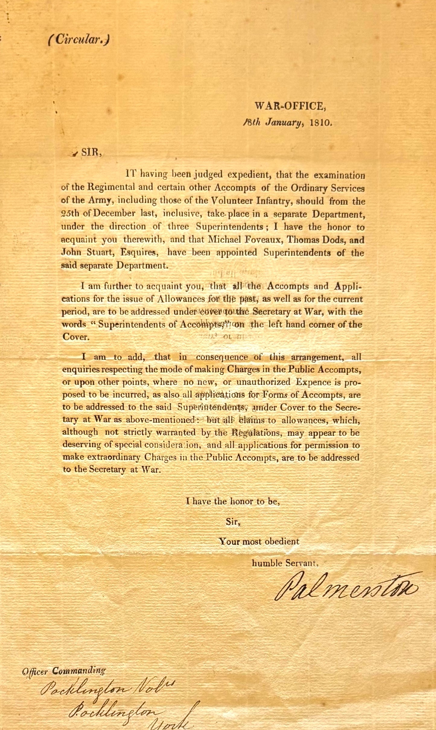 Lord Palmerston, Former British Prime Minister, Hand Signed War Office Letter Presentation & COA