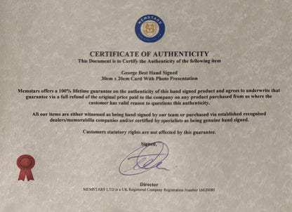 George Best, Manchester United Legend, Stunning Hand Signed Photo Card Presentation & COA