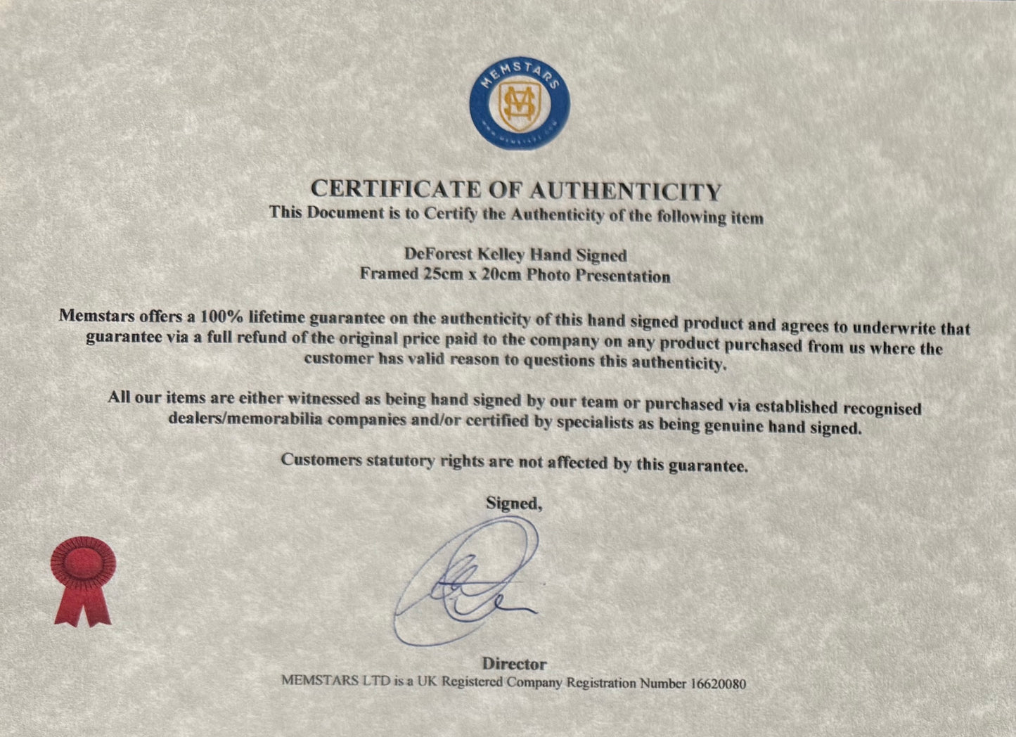 DeForest Kelley, Doctor 'Bones' McCoy, Star Trek Original Series Hand Signed Framed Photo With COA