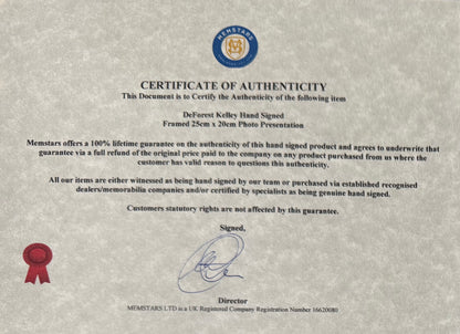 DeForest Kelley, Doctor 'Bones' McCoy, Star Trek Original Series Hand Signed Framed Photo With COA