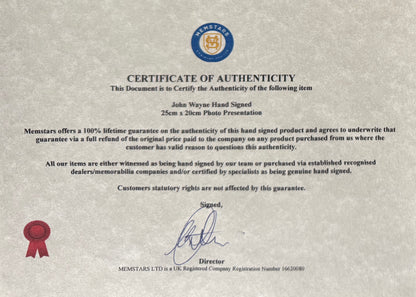 John Wayne, Hand Signed Framed 25cm x 20cm Original 'Sands Of Iwo Jima' Photo & COA