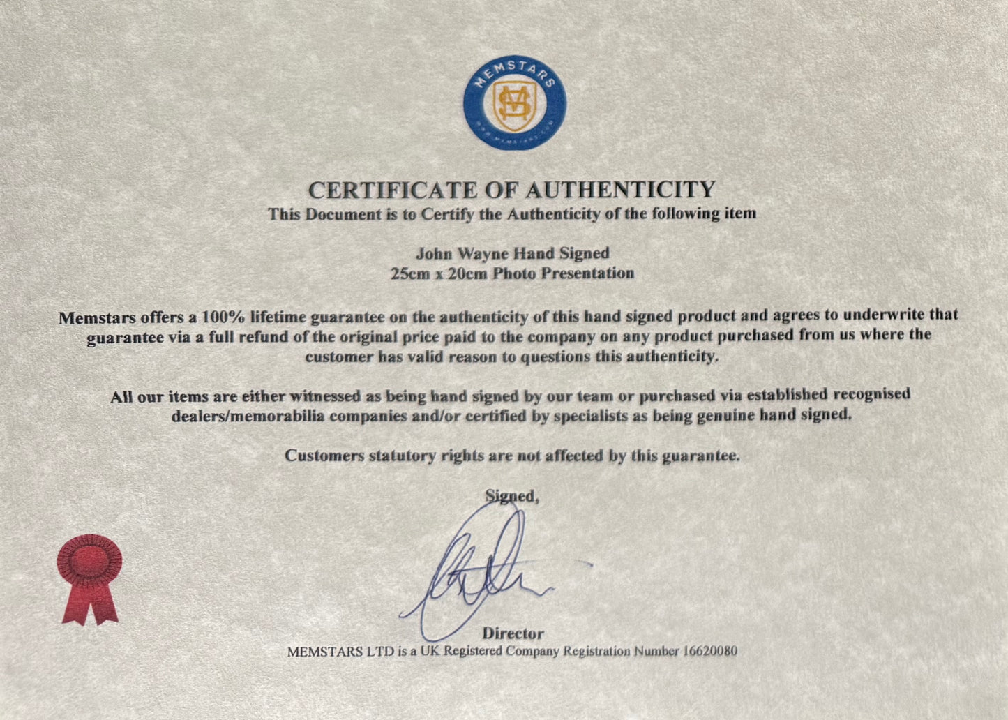 John Wayne, Hand Signed Framed 25cm x 20cm Original 'The Longest Day' Photo & COA