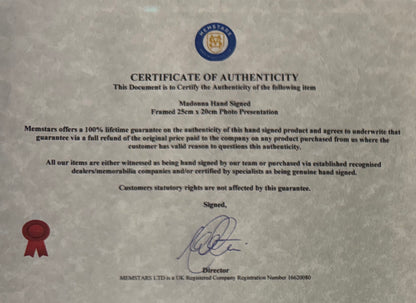 Madonna, Actress, Singer, Cultural Icon, Hand Signed Framed Photo With COA