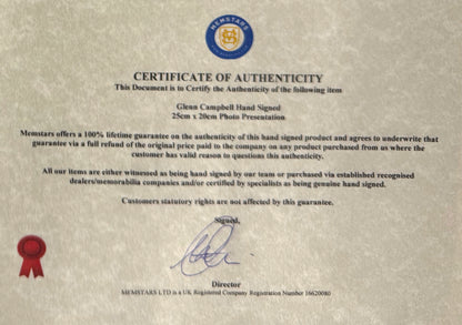 Glen Campbell, Singer, Cultural Icon, Hand Signed Framed Photo With COA