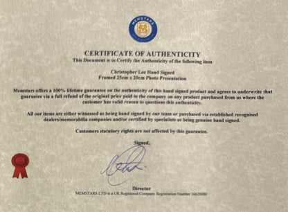 Christopher Lee, Hand Signed 'Scars Of Dracula' Framed Photo With COA