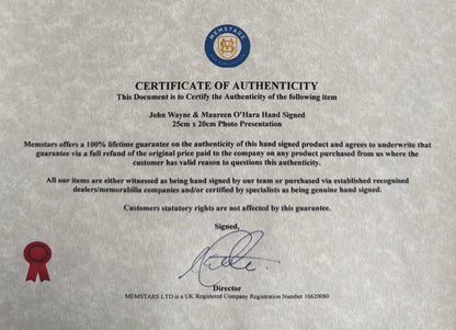 John Wayne, Maureen O'Hara Hand Signed Framed 25cm x 20cm Original 'The Quiet Man' Photo & COA