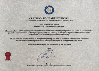 John Wayne, Hand Signed Framed 25cm x 20cm Original 'The Three Musketeers' Photo & COA