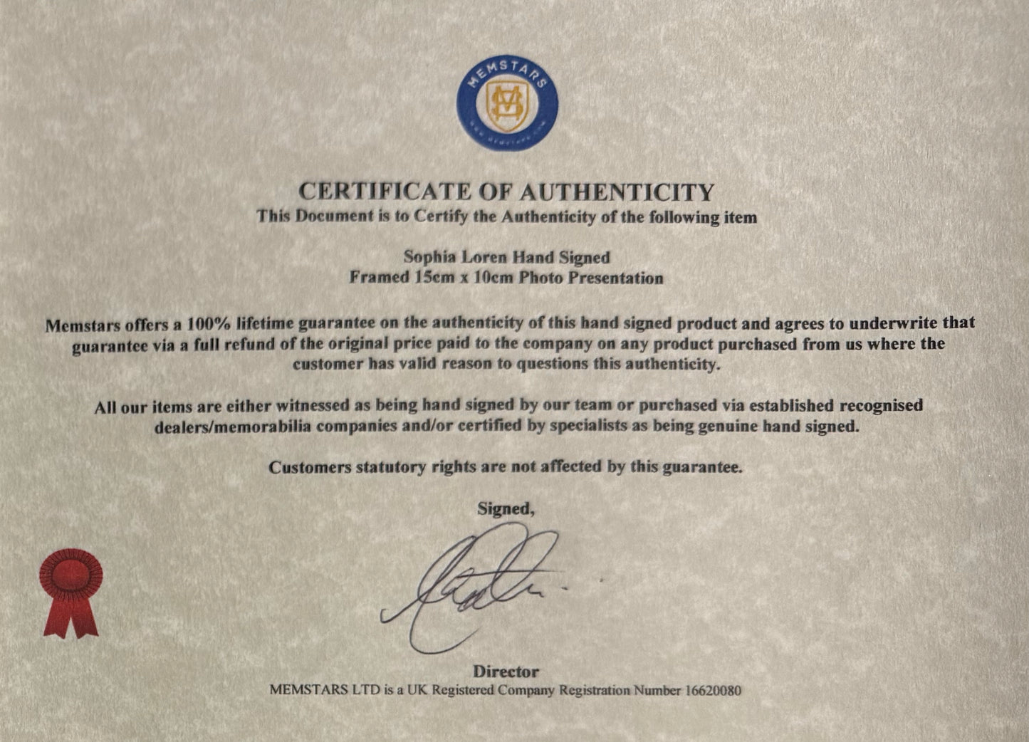 Sophia Loren, Guaranteed Hand Signed Framed (15 x 10cm) Photo With COA