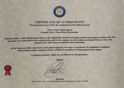 Peter Ustinov Guaranteed, Hand Signed, Photo Presentation With COA