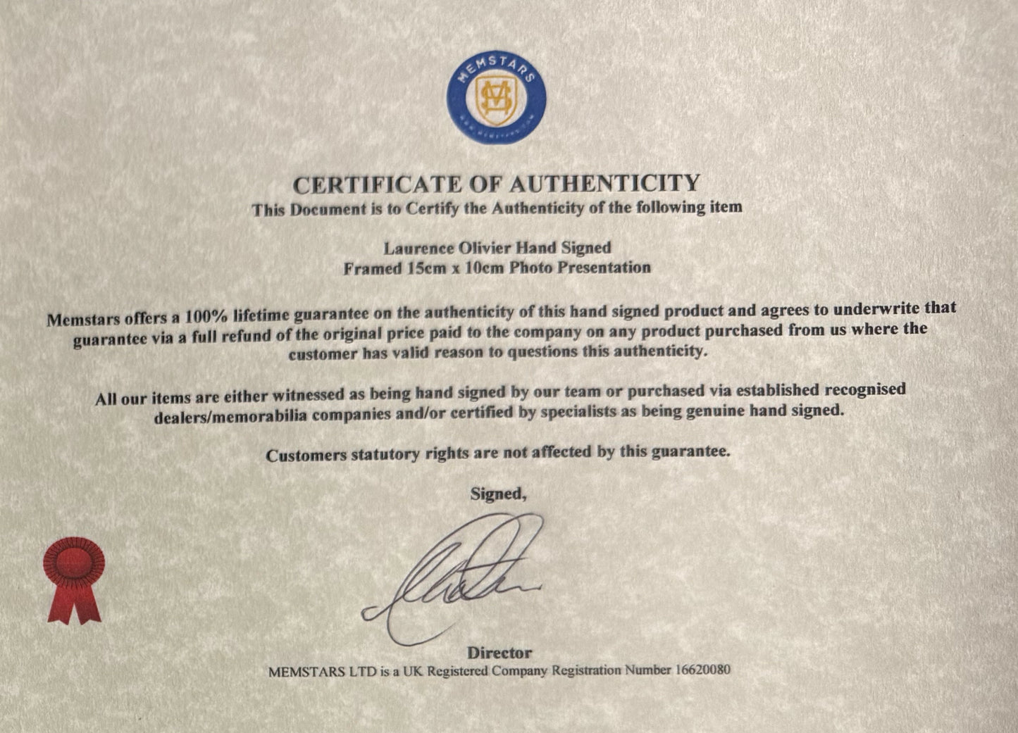 Laurence Olivier, Famous English Actor, Hand Signed Photo With COA