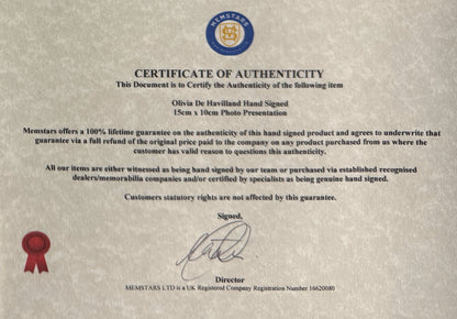 Olivia De Havilland, Gone With The Wind Actress, Hand Signed Framed Photo & COA