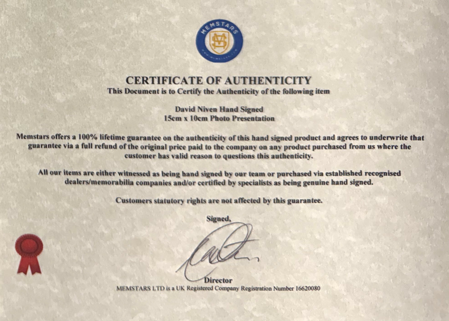 David Niven, Hand Signed Original Publicity Photo & COA