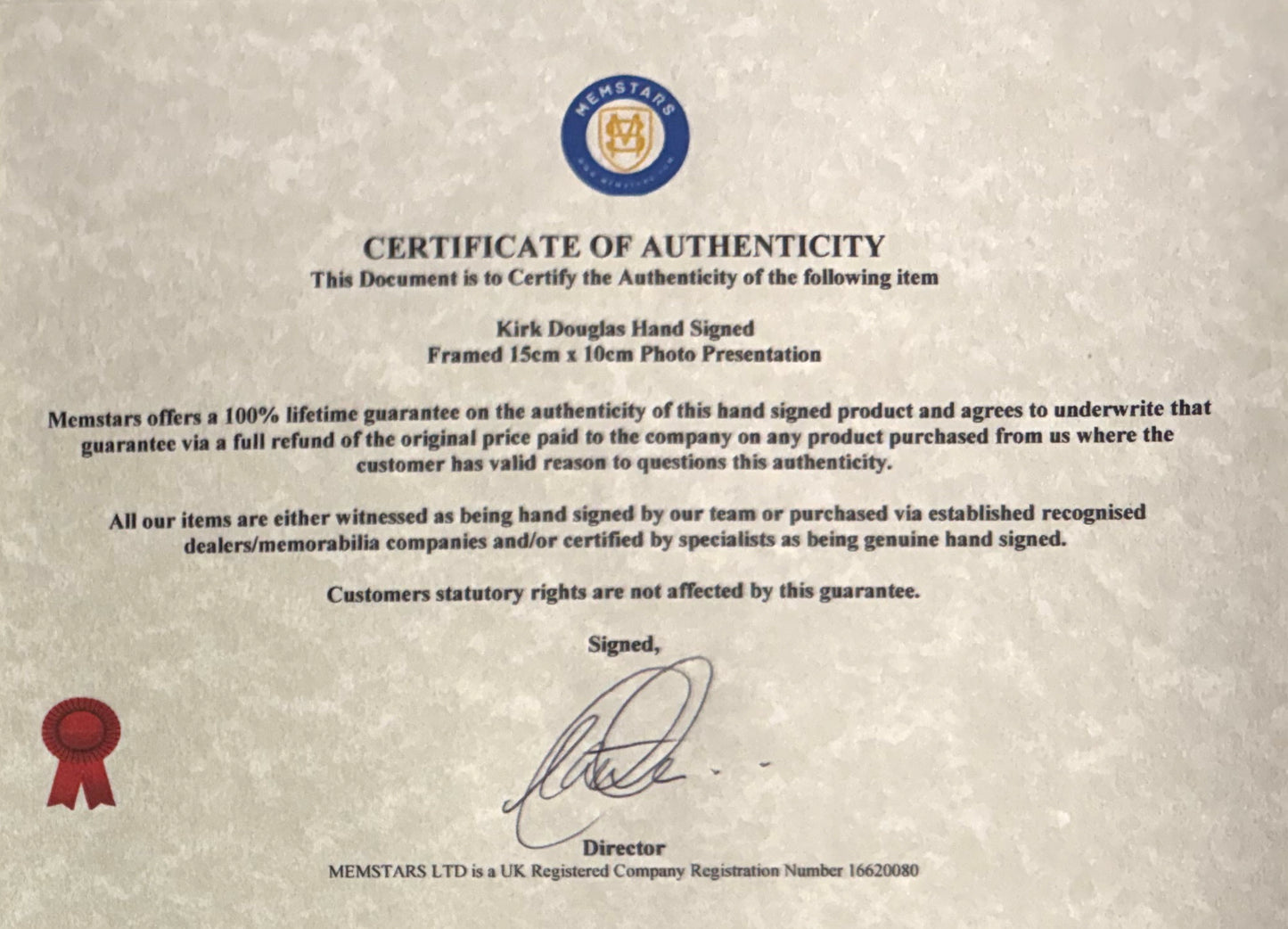 Kirk Douglas Hand Signed Framed Publicity Photocard & COA