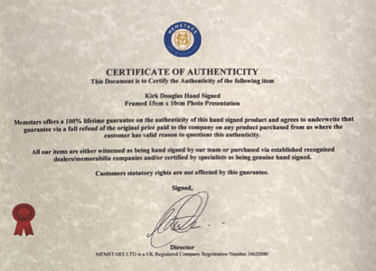 Kirk Douglas Hand Signed Framed Publicity Photocard & COA