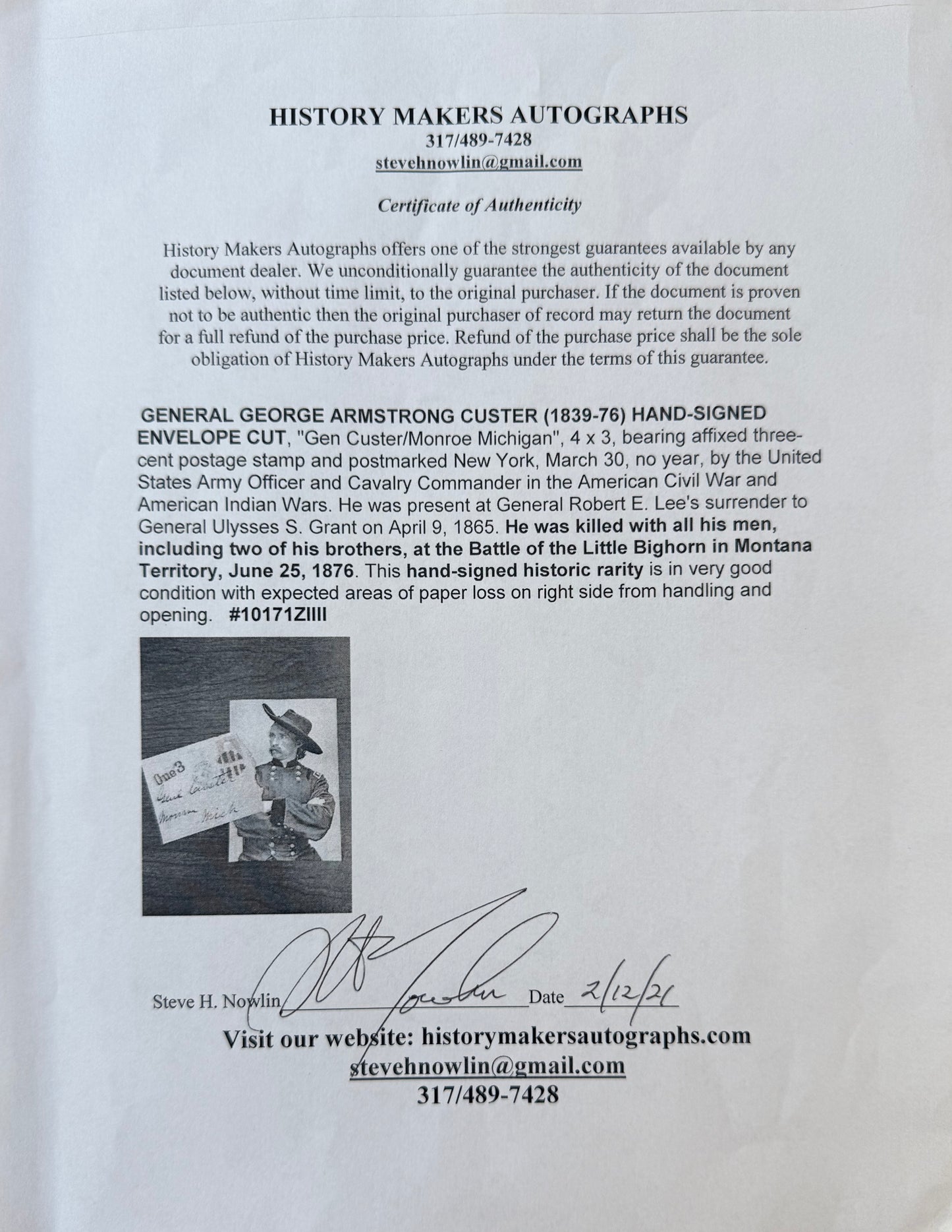 General George Armstrong Custer, Hand Signed Envelope Presentation & COA