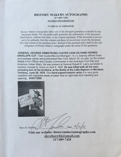 General George Armstrong Custer, Hand Signed Envelope Presentation & COA