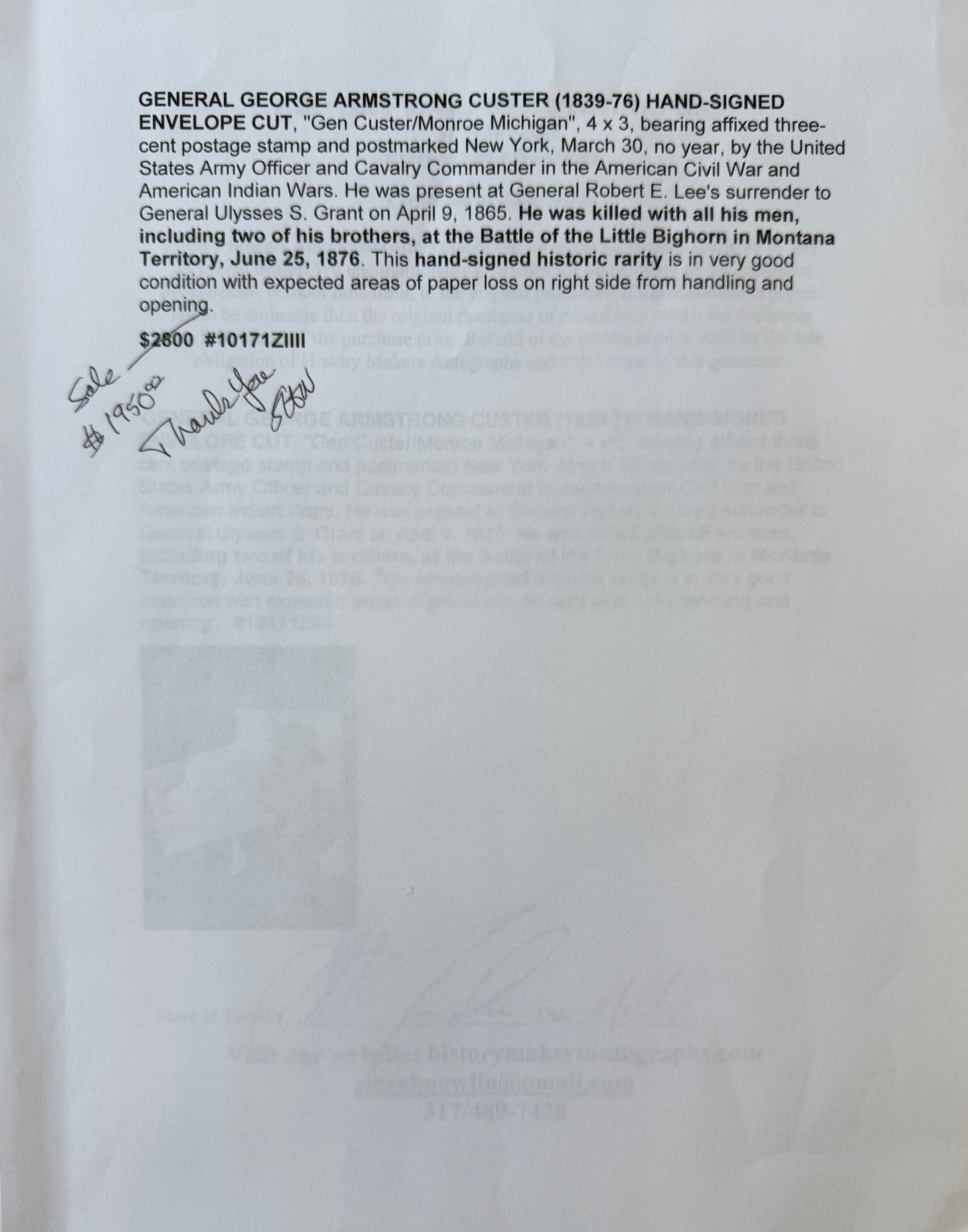 General George Armstrong Custer, Hand Signed Envelope Presentation & COA