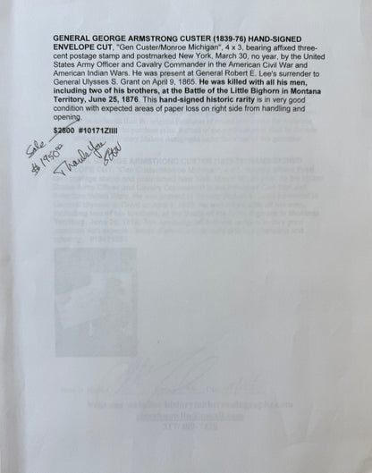 General George Armstrong Custer, Hand Signed Envelope Presentation & COA