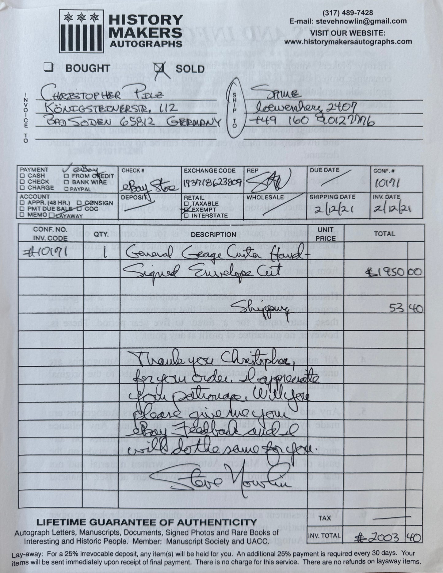 General George Armstrong Custer, Hand Signed Envelope Presentation & COA