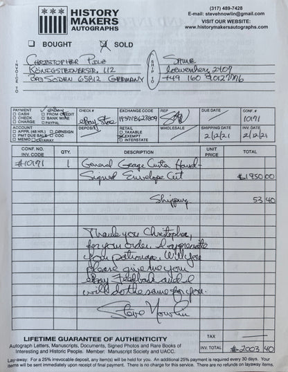 General George Armstrong Custer, Hand Signed Envelope Presentation & COA