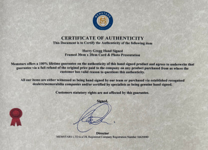 Harry Gregg, Manchester United Legend, Hand Signed Mounted Card Presentation & COA