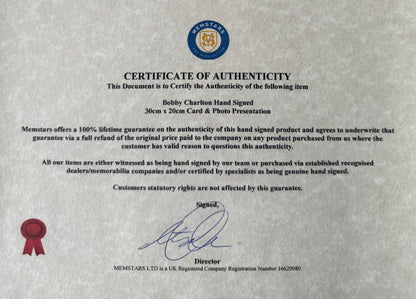 Sir Bobby Charlton, Manchester United Legend, Hand Signed Mounted Card Presentation & COA