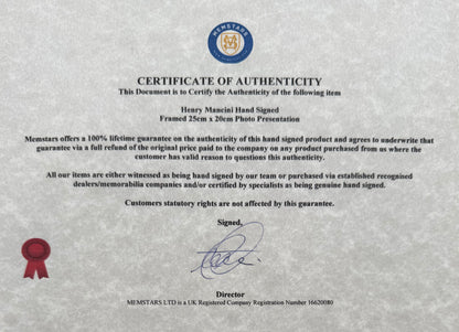 Henry Mancini, Film Composer, Hand Signed Framed 25cm x 20cm Photo Presentation & COA