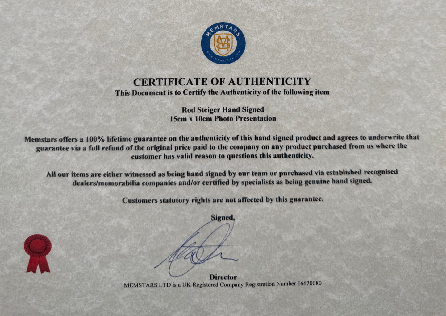 Rod Steiger Hand Signed Framed (15x10cm) Photo Presentation With COA