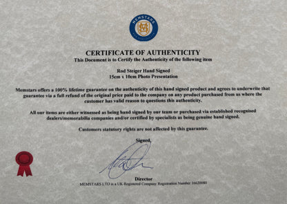 Rod Steiger Hand Signed Framed (15x10cm) Photo Presentation With COA