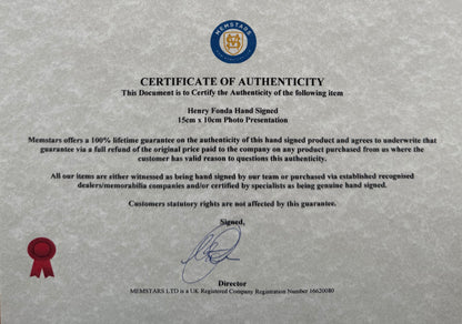 Henry Fonda, Hand Signed Publicity Photo With COA