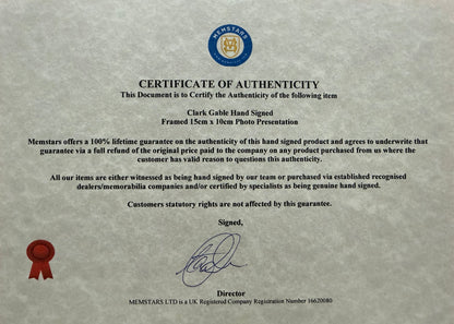 Clark Gable Framed Guaranteed Hand Signed Original Photo Presentation With COA