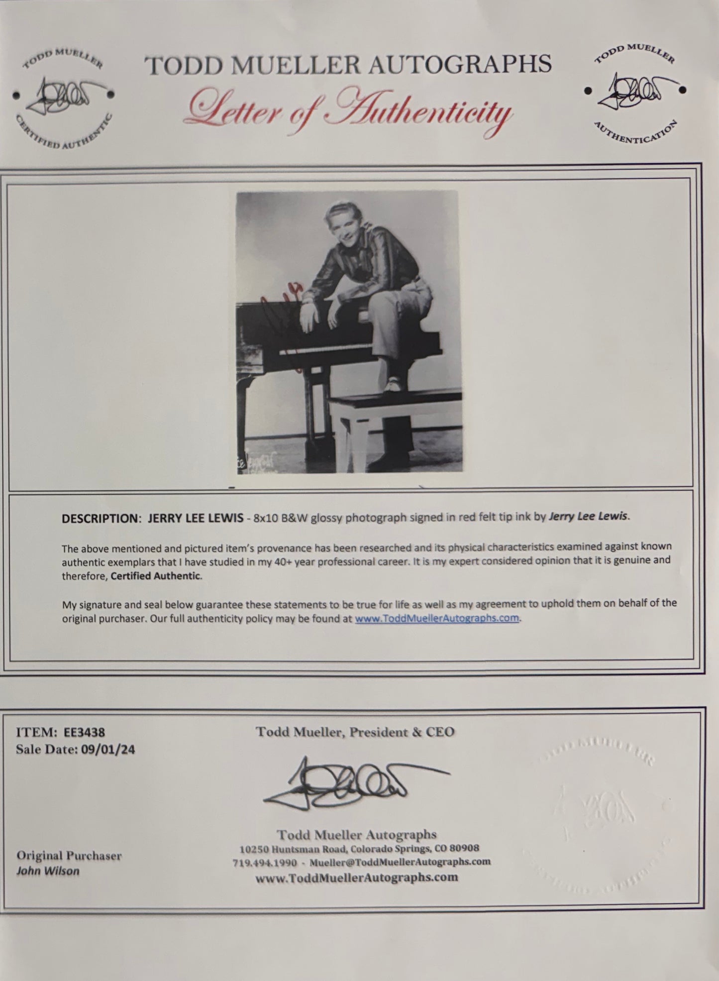 Jerry Lee Lewis, Singer, Pianist, Hand Signed Framed 25cm x 20cm Original Photo & COA