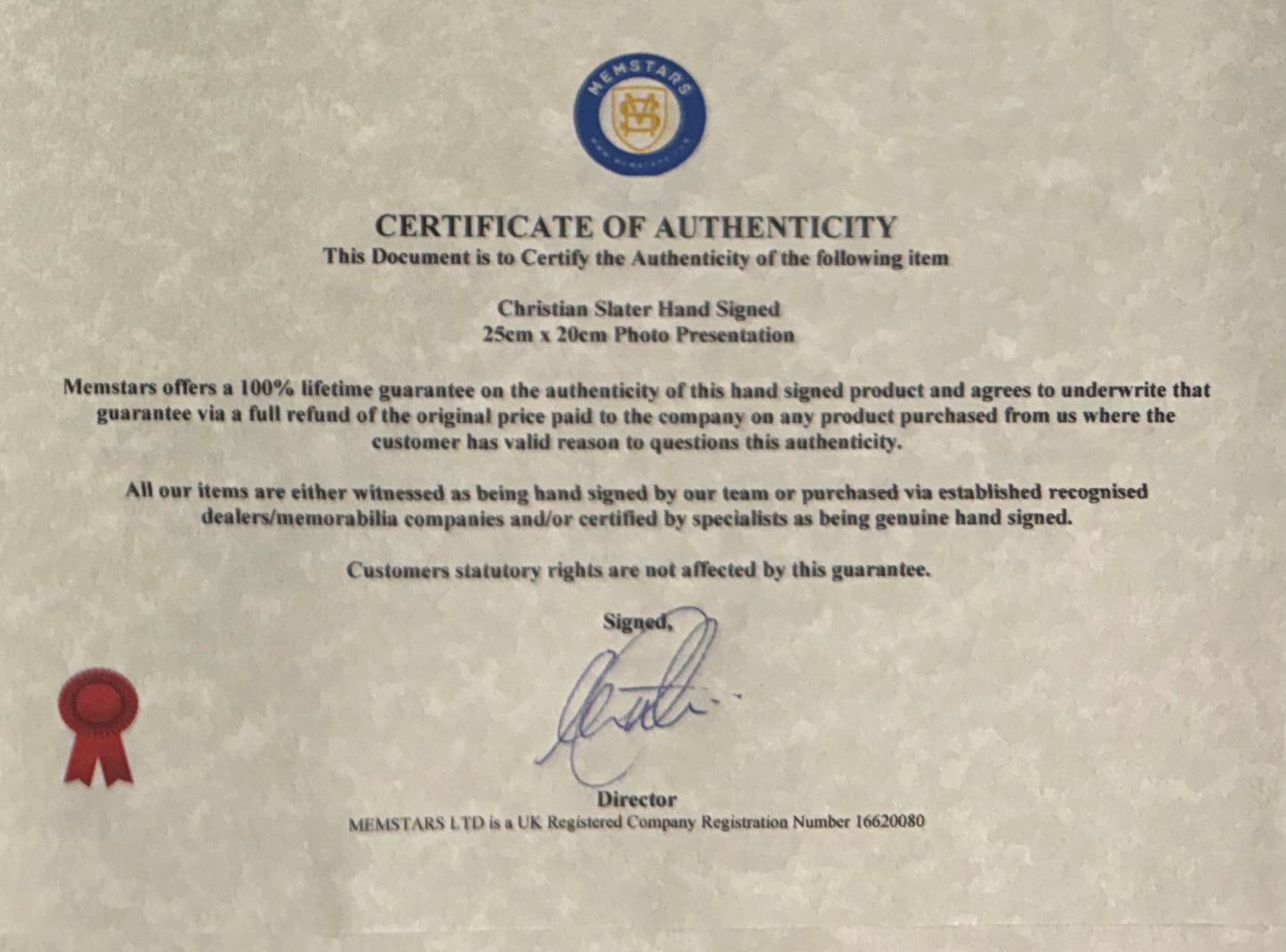 Christian Slater, Hand Signed Framed 25cm x 20cm Photo With COA