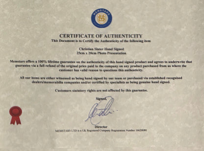 Christian Slater, Hand Signed Framed 25cm x 20cm Photo With COA