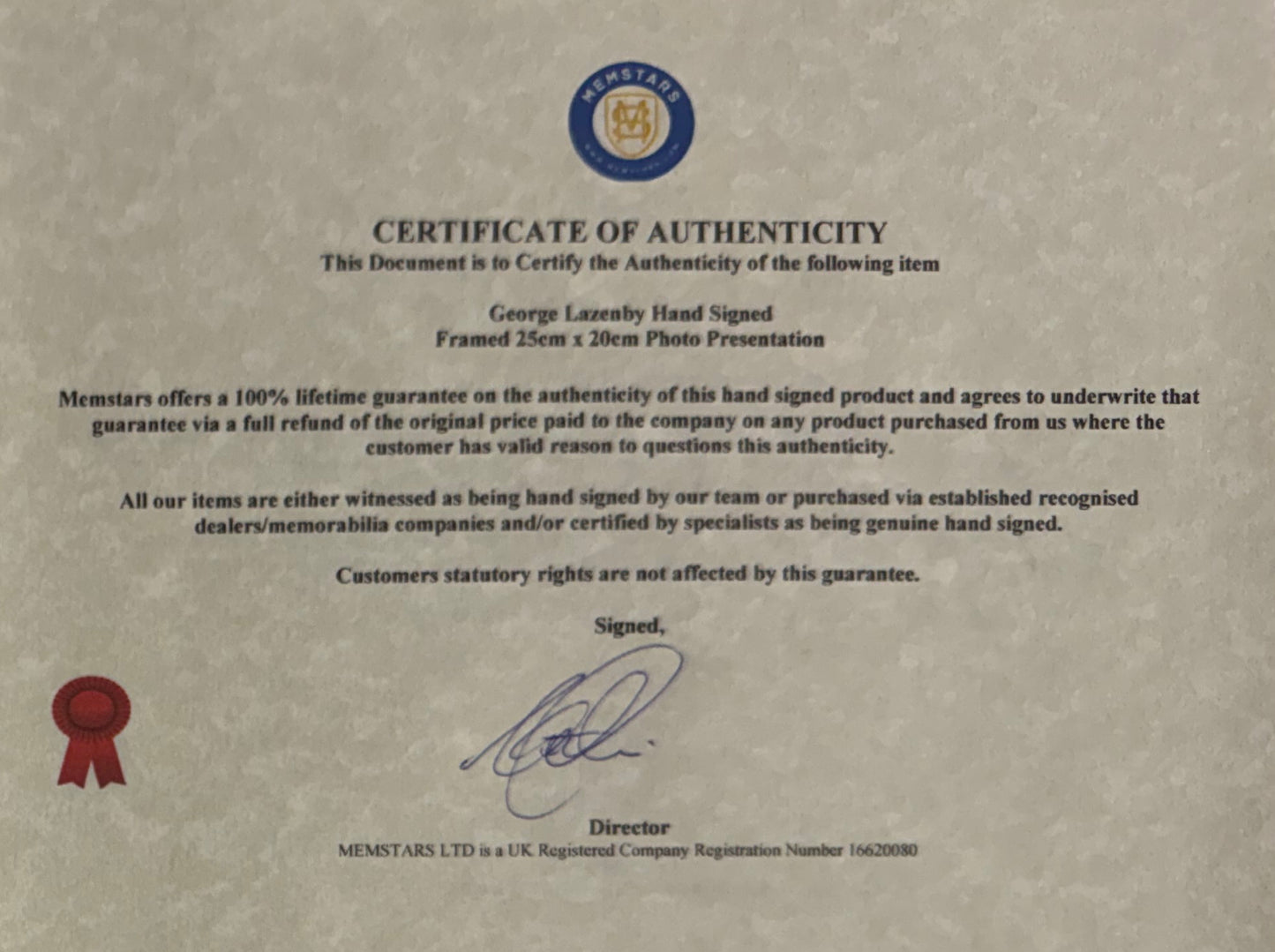 George Lazenby, Former James Bond 007, Hand Signed Photo & COA