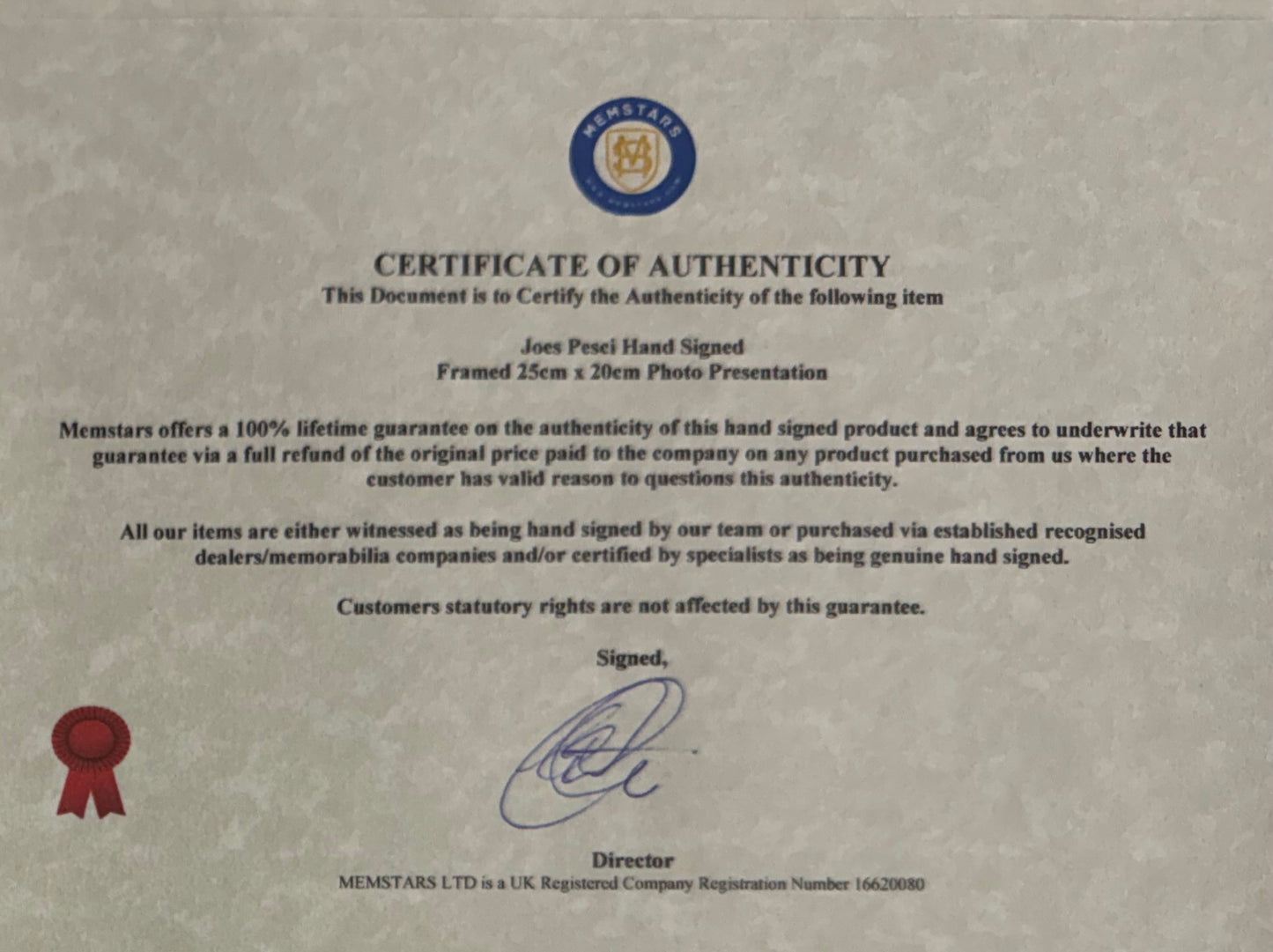 Joe Pesci, Hand Signed Framed 'Home Alone' Film Photo With COA