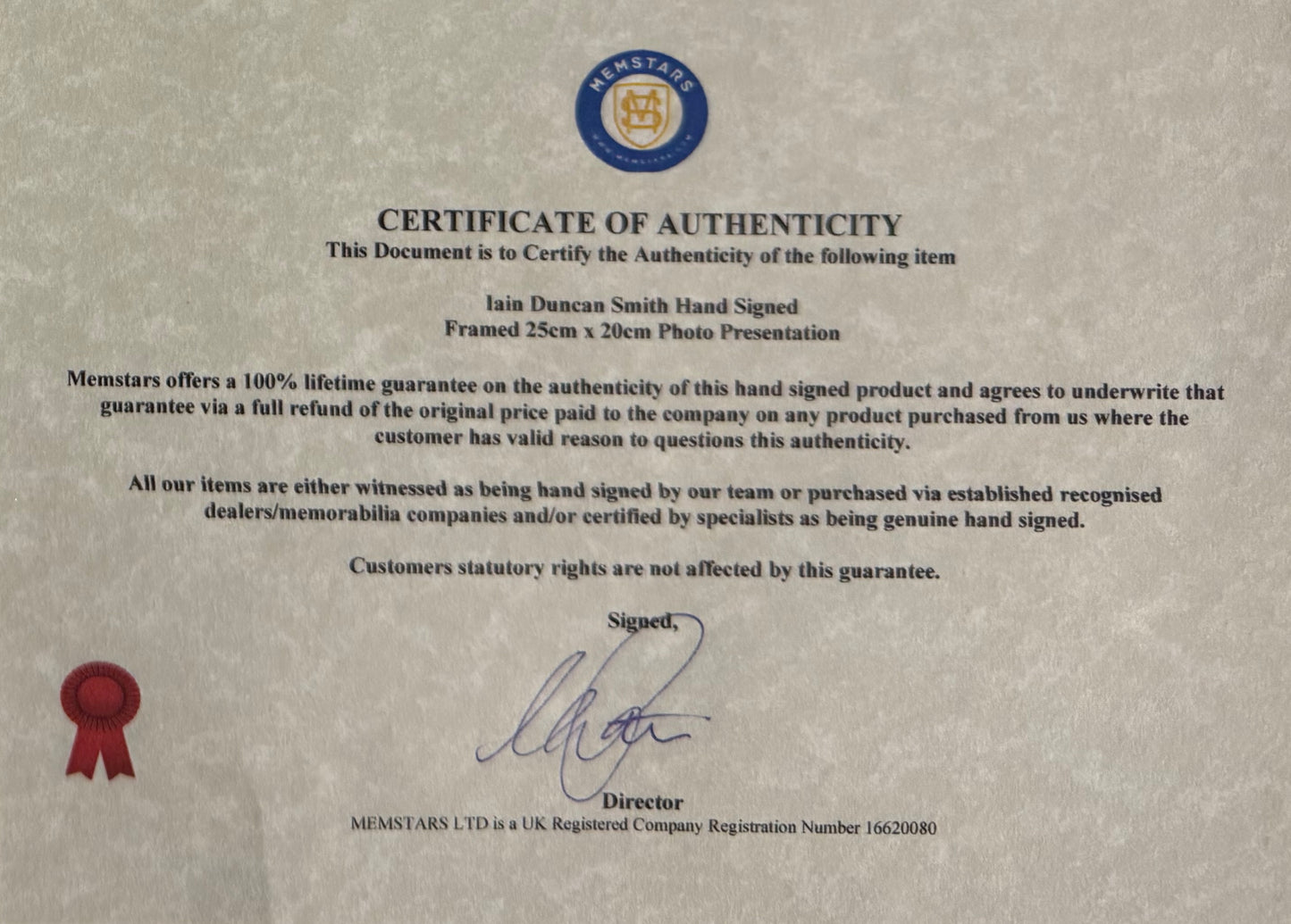 Iain Duncan Smith, Former British Minister, Hand Signed Photo With COA