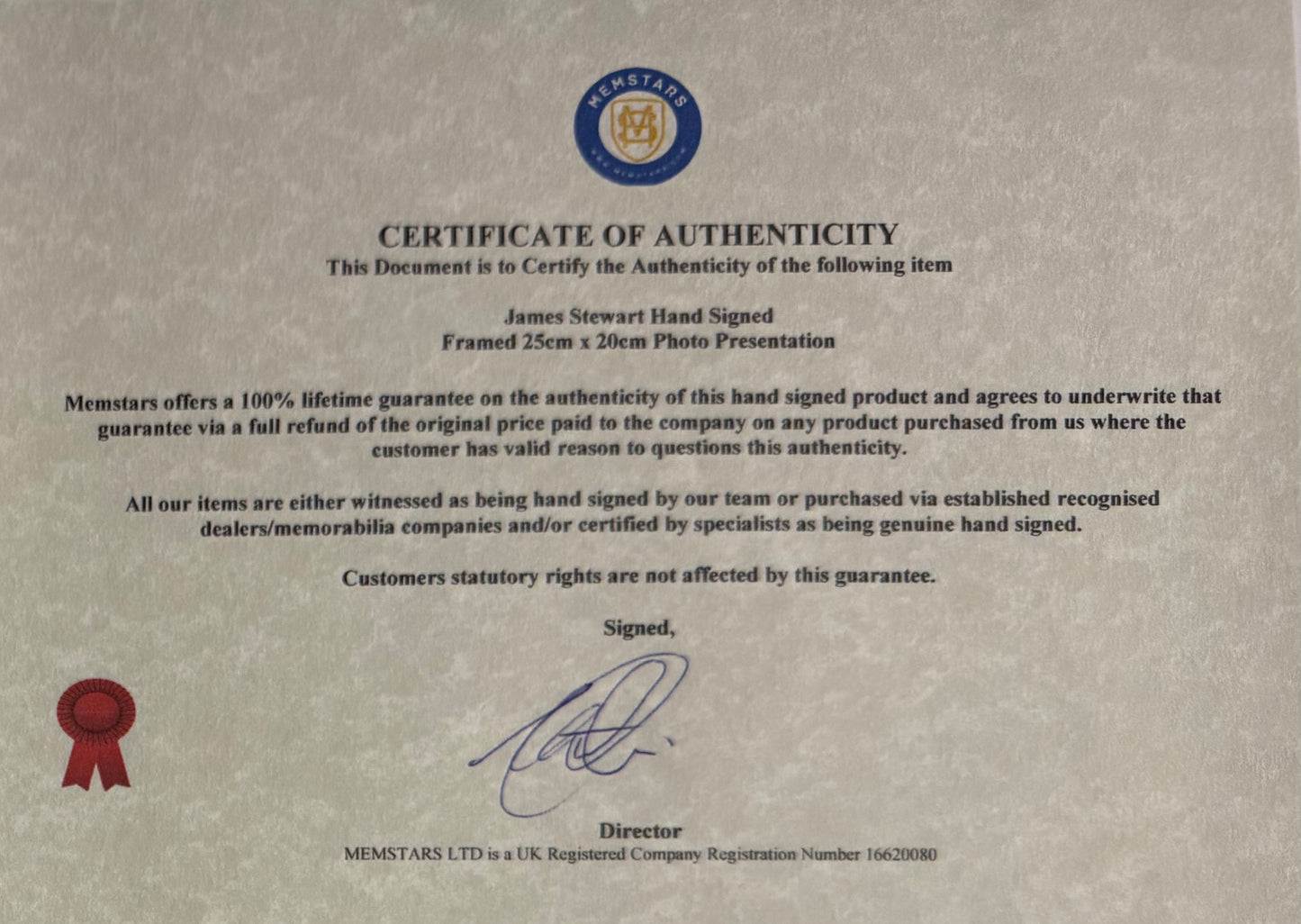 James 'Jimmy' Stewart, Hand Signed Framed Film Photo With COA