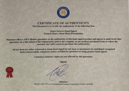 James 'Jimmy' Stewart, Hand Signed Framed Film Photo With COA