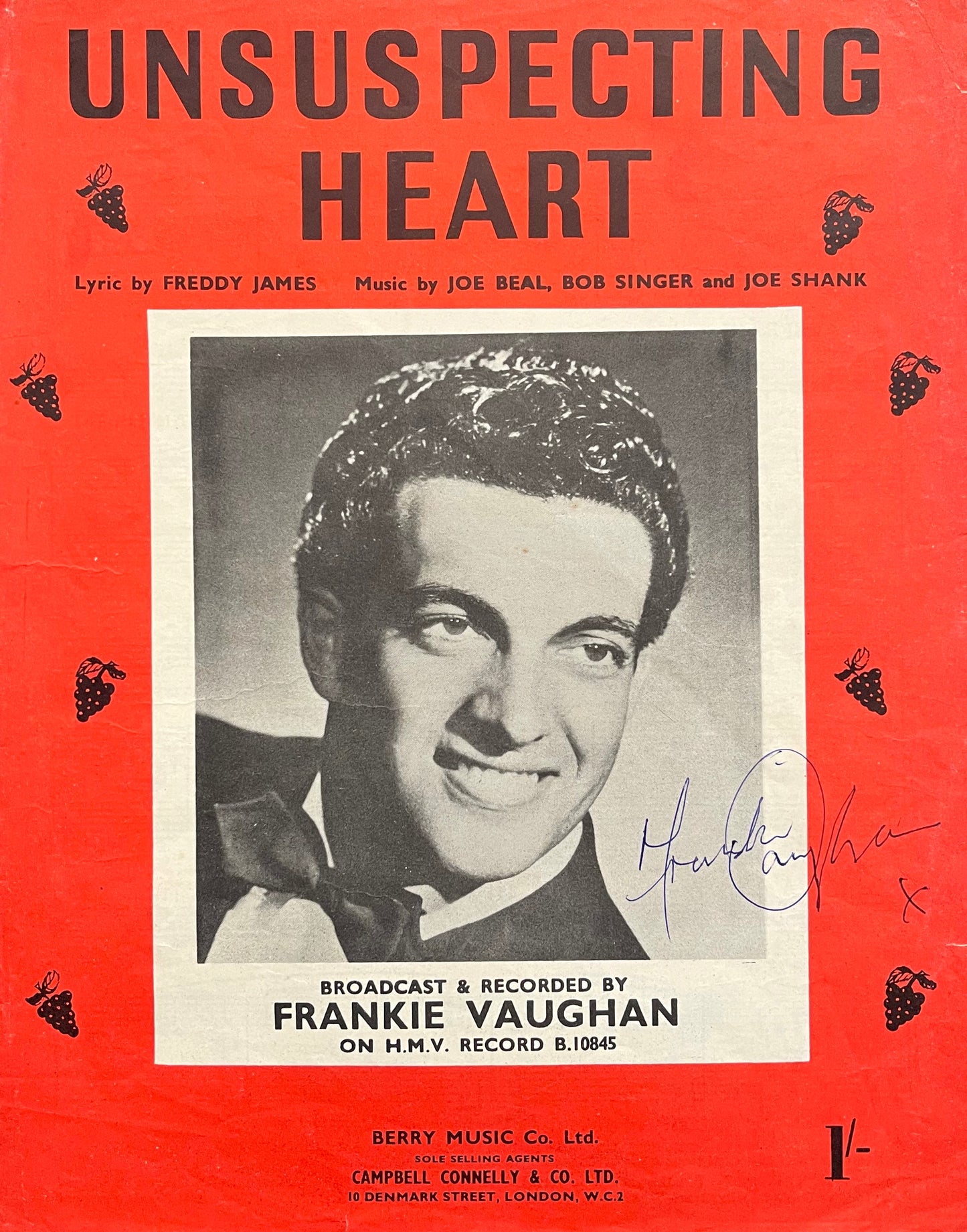 FRANKIE VAUGHAN HAND SIGNED SONG SHEET WITH COA
